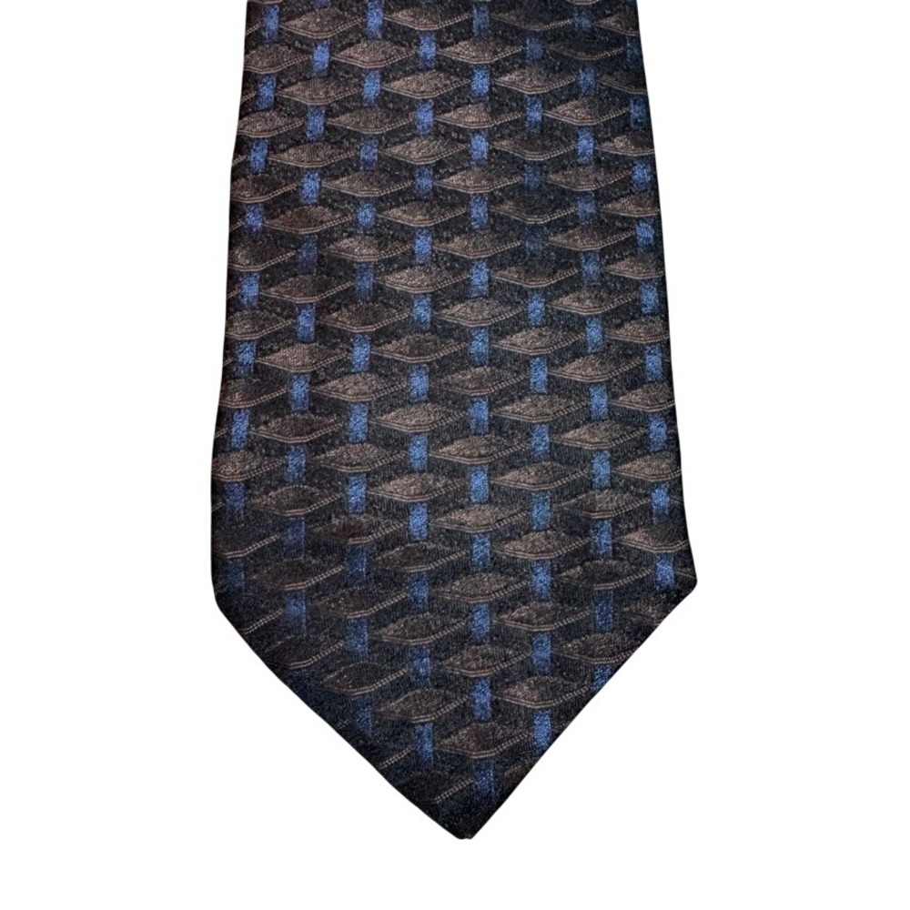Louis Roth Mens Silk Tie Brown Blue Geometric Basketweave Pattern USA Made